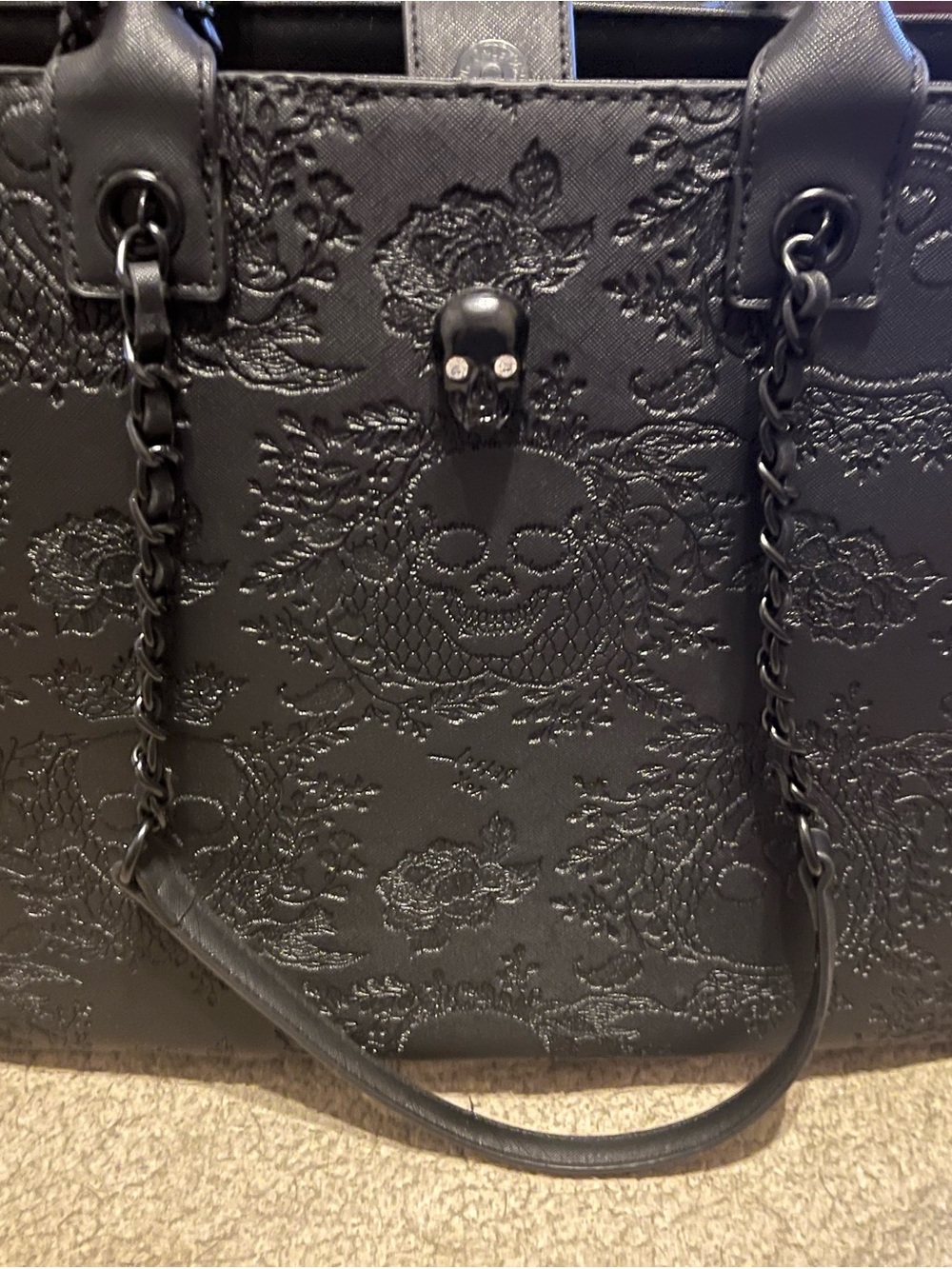 Betsey Johnson Black Embossed Skull Shoulder Bag with Chain Straps